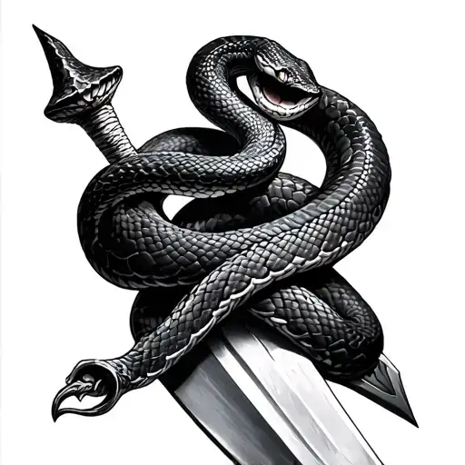 realistic snake wrapped around a dagger wrapped tattoo design idea