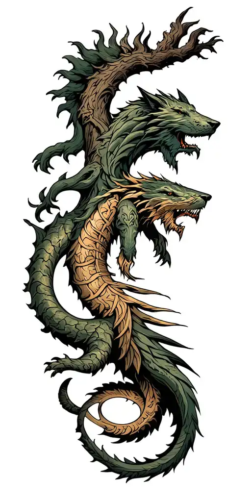 Norse mythology figures well of urd, yggdrasil, fenrir, jormungandr, the nornir and hraesvelger tattoo design idea
