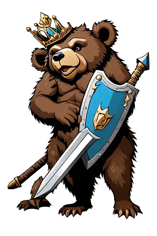 A realistic, looking bear, wearing a crown made of stone and wielding, a large sword and a shield..  tattoo design idea