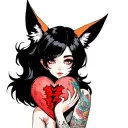 anime woman with black hair, tattoos, fox tail and fox ears stitching together a broken heart wrapped with fox tails tattoo design idea