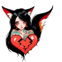 anime woman with black hair, tattoos, fox tail and fox ears stitching together a broken heart wrapped with fox tails tattoo design idea