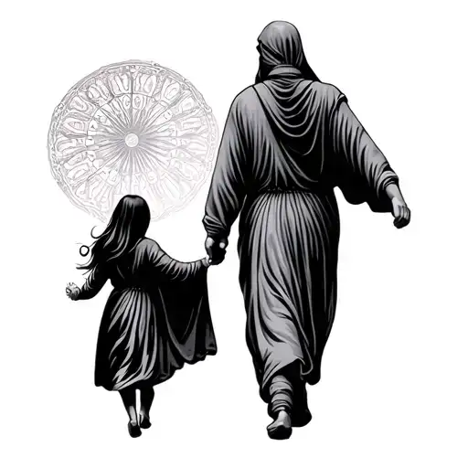 Father walking with 2 daughters by the hand of Fatima tattoo design idea