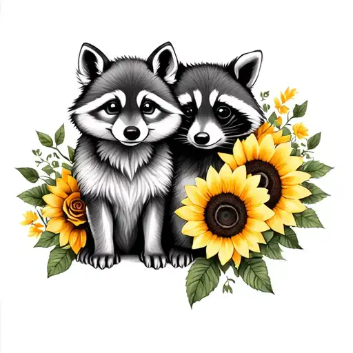 baby wolf and racoon sitting with sunflowers and roses  tattoo design idea