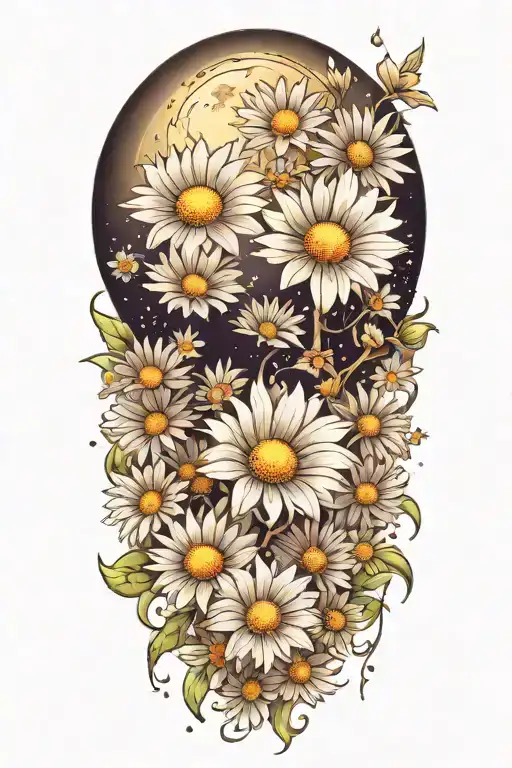 A detailed crescent moon surrounded by daisies and cosmos flowers tattoo design idea