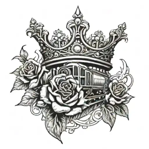 crown, rose, train tracks merging tattoo design idea