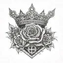 crown, rose, train tracks merging tattoo design idea