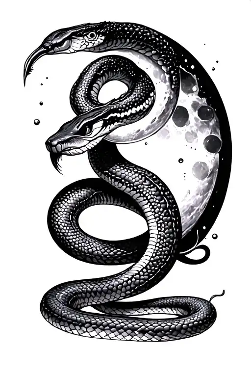 mystical snake slithering between moon cycle path surrounded tattoo design idea