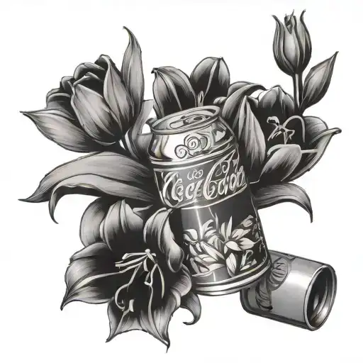 can of coca cola with tulips and a box of orange juice with lilies tattoo design idea