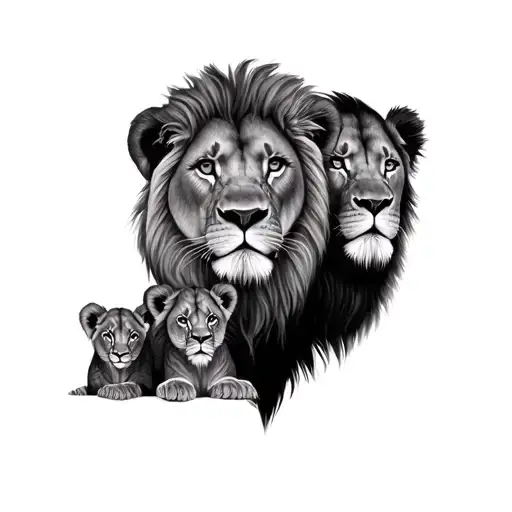 Lion and Lioness and two lion cub faces tattoo design idea