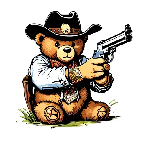 cute cowboy teddy bear shooting a gun tattoo design idea