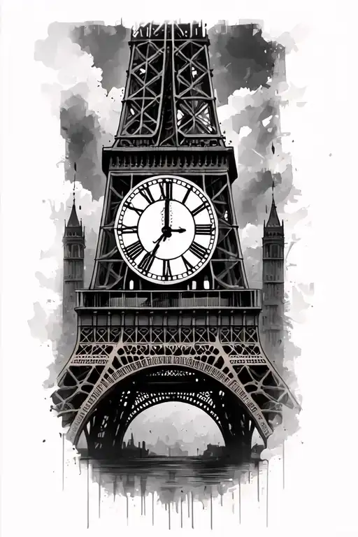 eiffel tower with berlin wall and big ben clock face tattoo design idea
