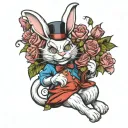 A unique design of the Wonderland White rabbit holding a bouquet of flowers, with the Cheshire cat perched on its shoulder, in a style that combines elements of new-school and traditional tattooing tattoo design idea