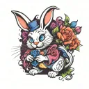 A unique design of the Wonderland White rabbit holding a bouquet of flowers, with the Cheshire cat perched on its shoulder, in a style that combines elements of new-school and traditional tattooing tattoo design idea