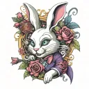 A unique design of the Wonderland White rabbit holding a bouquet of flowers, with the Cheshire cat perched on its shoulder, in a style that combines elements of new-school and traditional tattooing tattoo design idea