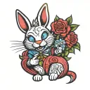 A unique design of the Wonderland White rabbit holding a bouquet of flowers, with the Cheshire cat perched on its shoulder, in a style that combines elements of new-school and traditional tattooing tattoo design idea