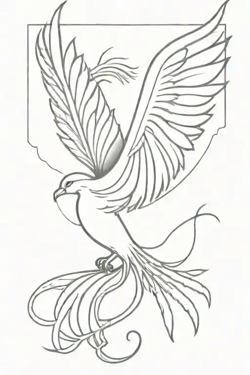 fantasy phoenix feminine lines open wings soft edges long tail tattoo design idea