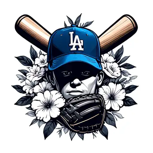 LA dodgers floral with baseball cap, baseball bat and baseball glove tattoo design idea