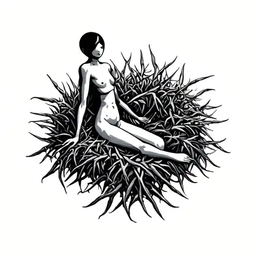 A stick figure curled up in the middle of a thorn bush tattoo design idea