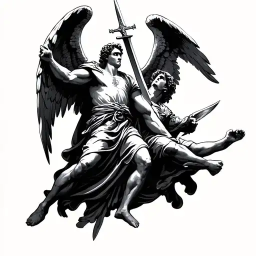full body image of st Michael wearing a robe defeating an angel with a sword  tattoo design idea