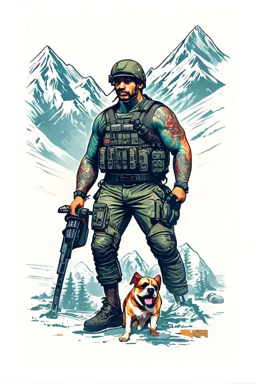 “Full sleeve tattoo collage:  featuring a modern soldier , dog, czech, moto, mountain, gym tattoo design idea