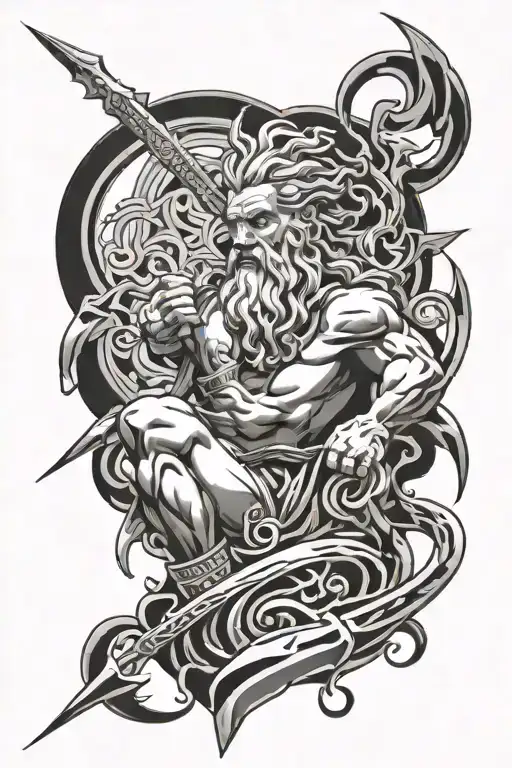 Fine line, micro realism Zeus tattoo holding lightning bolt with geometric lines around tattoo design idea