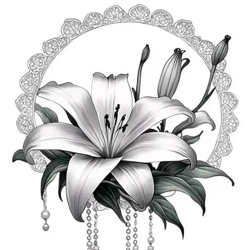 Lilies + partial mandala halo behind the main flower + soft shading (sacred, powerful, timeless) with pearls dangling tattoo design idea