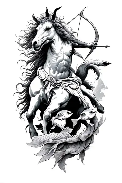 A majestic Sagittarius centaur aiming an arrow at a school of Pisces fish tattoo design idea