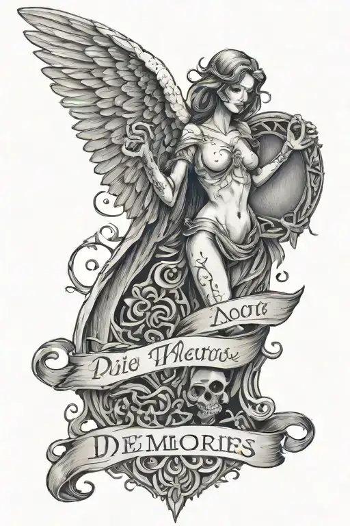 Angel of death with writing saying die with memories, not dreams.  tattoo design idea