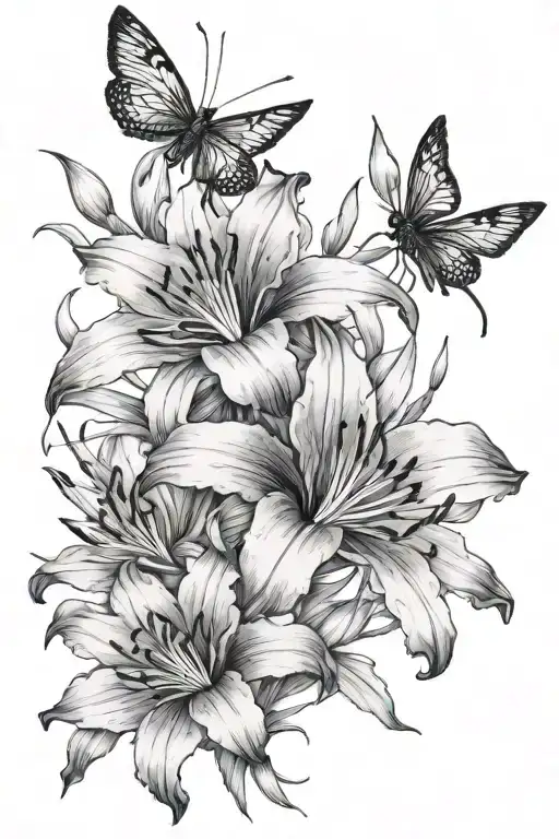  thin lines of black smoke from the index finger to the top of the shoulder with 4 red spider lilies, with Koi fish   tattoo design idea