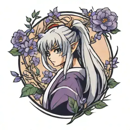 inuyasha tattoo with lavender flowers surrounding tattoo design idea