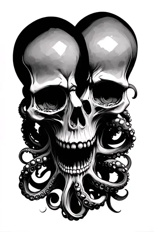 2 skulls with octopus tentacles coming out of eyes and mouth tattoo design idea