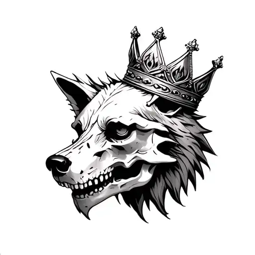 realistic wolf skull wearing a crown tattoo design idea