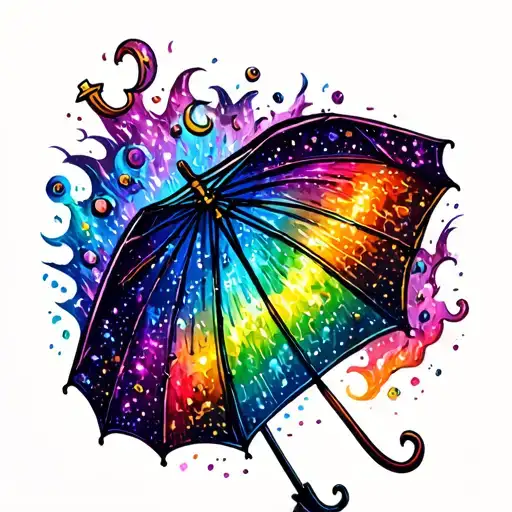 A whimsical design of a glittery rainbow umbrella in a storm of true crime clues, symbolizing resilience in the face of darkness tattoo design idea