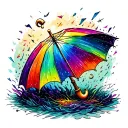A whimsical design of a glittery rainbow umbrella in a storm of true crime clues, symbolizing resilience in the face of darkness tattoo design idea