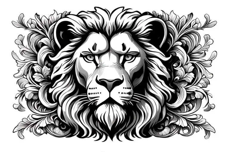 lion face surrounded by filigree and ornamental statue like designs tattoo design idea