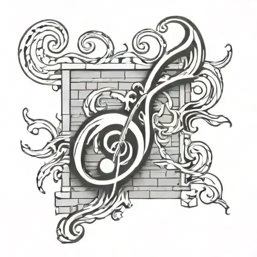 Abstract representation of love and music merging into a fiery Aries symbol on a brick wall tattoo design idea