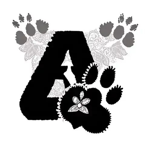 a and e intertwined, and lace, and paw imprints and hearts tattoo design idea