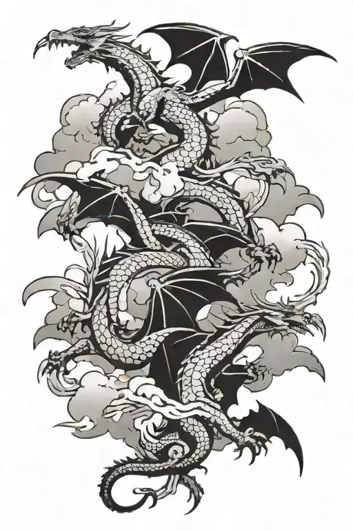 multiple dragons flying in clouds tattoo design idea