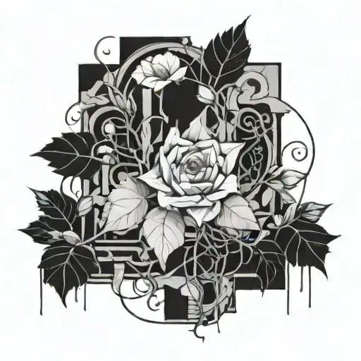 A black ink design of a broken wall with cracks, overtaken by growing vines and blooming flowers tattoo design idea