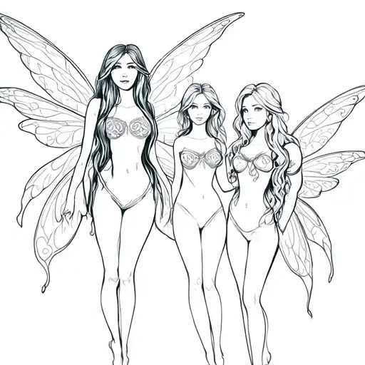 three fairies. one curvy with long straight hair. one smaller with medium hair. one short with long wavy hair. distinct  tattoo design idea