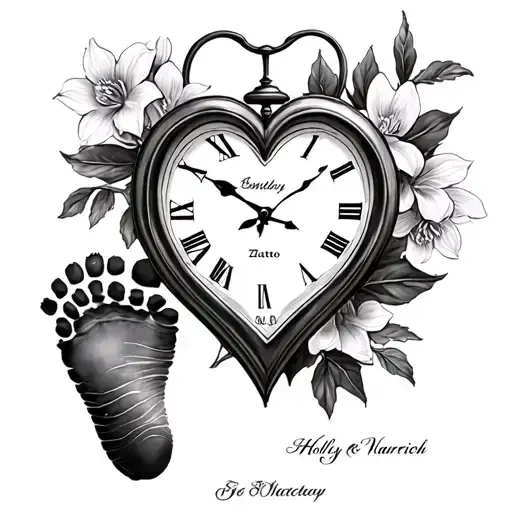 heart clock with baby footprint on left side name and date tattoo holly and Narcissus  tattoo design idea