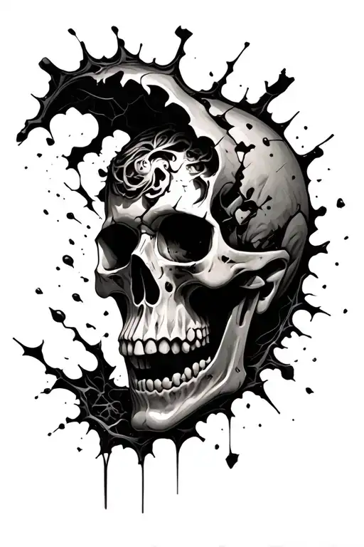 gothic skull with a shdow person curled inside the rop and the very top of the skull shattering and breaking apart. tattoo design idea