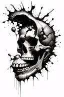 gothic skull with a shdow person curled inside the rop and the very top of the skull shattering and breaking apart. tattoo design idea