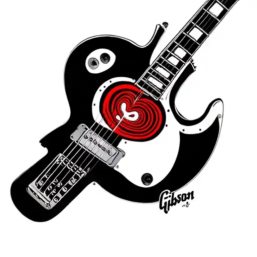 Black and white Gibson Les Paul guitar, with a red-outlined heart and a red spiral inside the heart. tattoo design idea