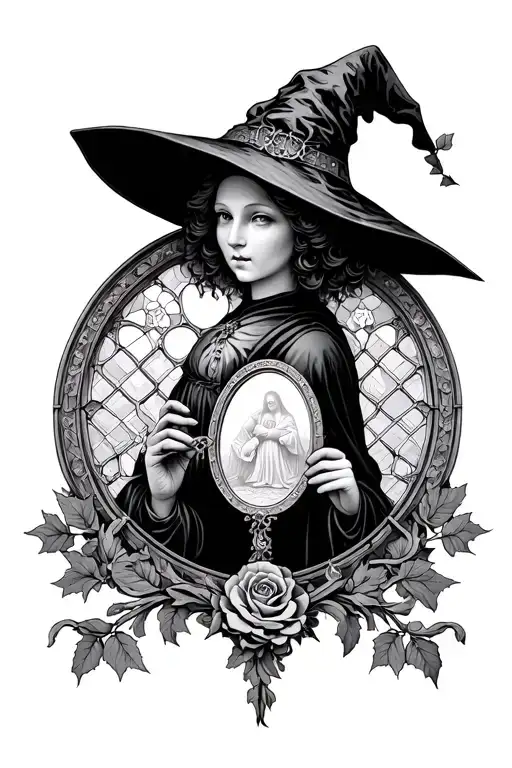 *"A gothic rose window with stained glass depicting a witch’s silhouette (in a hat) holding a mirror instead of saints.  tattoo design idea