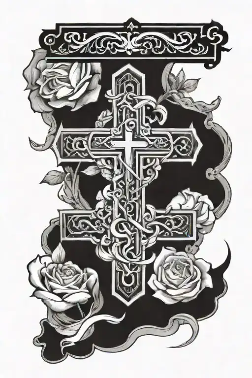 Cross with Rosery around it and praying hands holding tattoo design idea