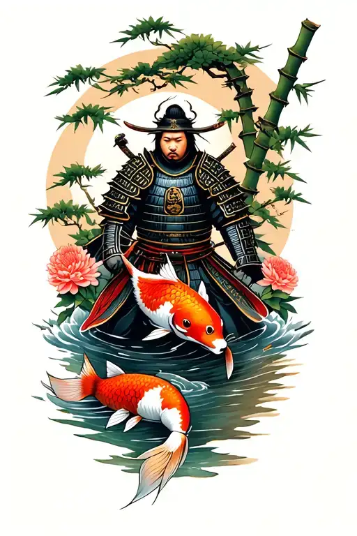 a samurai in armor with a koi fish swimming upstream, a sly fox, bamboo tree and Chrysanthemum flowers tattoo design idea