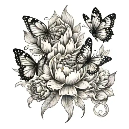 marigold, tulip, and tiny butterfly  tattoo design idea