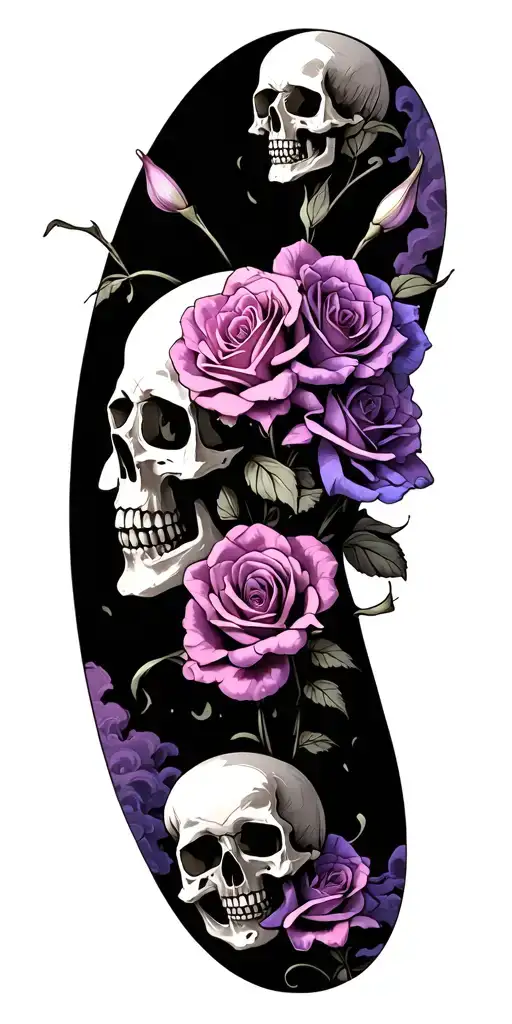 many small skulls with roses purple and white Cala lily pink clouds tattoo design idea