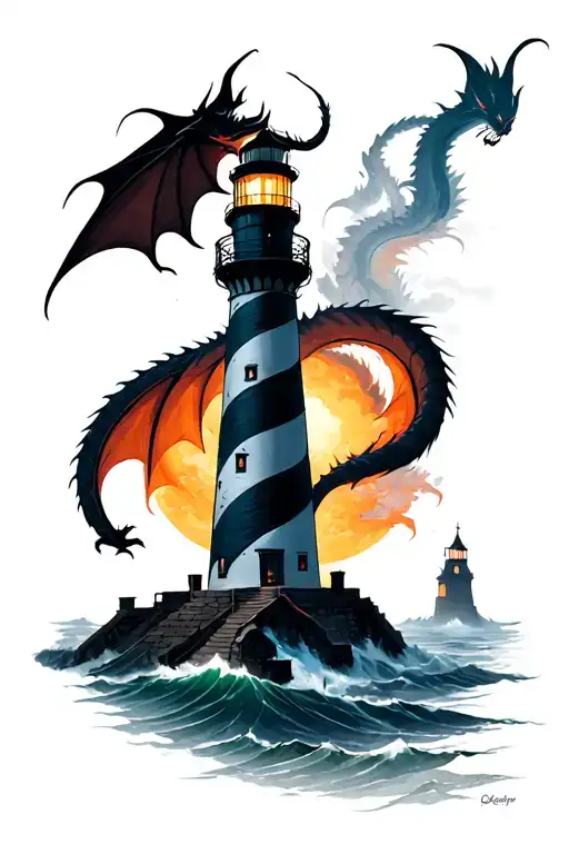 lighthouse in a storm with a silhouette of a rising dragon coiled around the lighthouse tattoo design idea